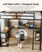 Full Size Loft Bed with Desk & Open Shelves, Heavy Duty Metal Bed Frame with Safety Guardrails & Ladder, Loft Beds with Vintage Wood Finish L-Shaped Desk, Black