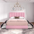VECELO Full Size Upholstered Bed Frame with 4 Drawers and Headboard, Velvet Platform Storage Bedframe, Wooden Slats Support, No Box Spring Needed,Pink