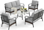 5 Piece Metal Outdoor Patio Furniture Set, Patio Conversation Sets 1 3-Seater Sofa, 2-Seater Sofa, 2 Fixed Sofa with 5.75" Cushion & Coffee Table Black Backyard Furniture, Light Gray