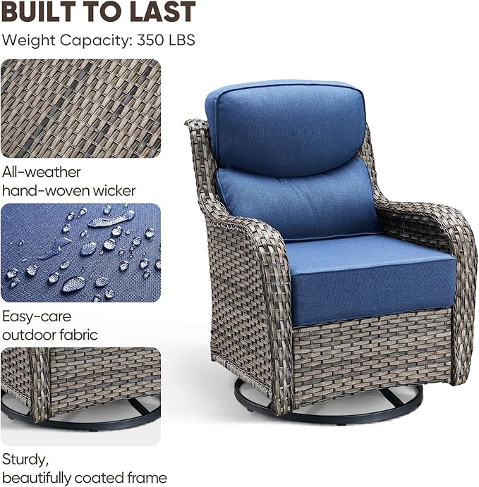 Swivel Patio Chairs Sofa Set of 5 with 6" Thick Cushion - Wicker Outdoor Swivel Rocker Patio Chair with Side Table, High Back Comfortable Outdoor Glider Chairs - Grey Wicker | Blue Cushions