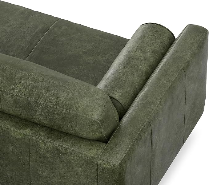 SIMPLIHOME Morrison 89-inch Wide Sofa in Moss Green Genuine Leather, Mid-Century Modern Design Couch for Living Room, Single Bench Cushion, 2 Back Cushions, 2 Bolster Pillows