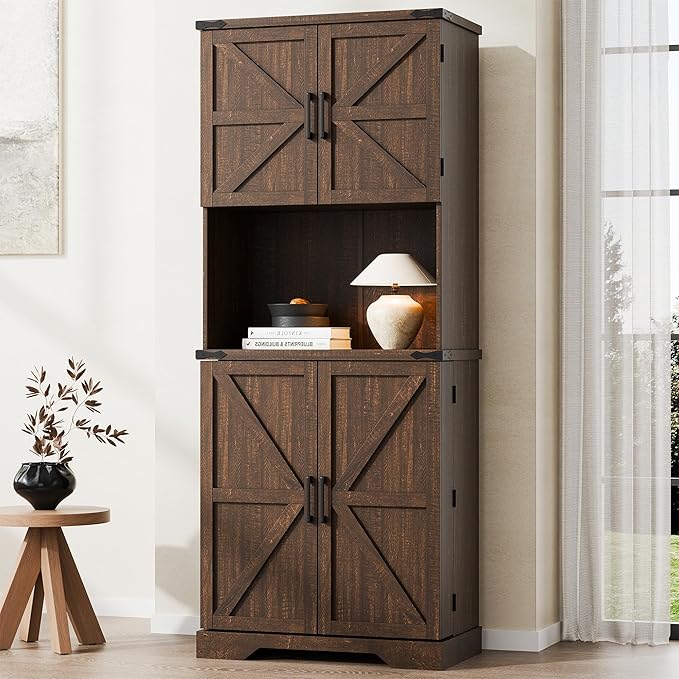 Cozy Castle 74" Farmhouse Pantry Cabinet with Charging Station, Tall Kitchen Storage Hutch Cabinet Coffee Bar Workstation, Sideboard Buffet Cupboard for Dining Room Living Room Furniture, Rustic Brown