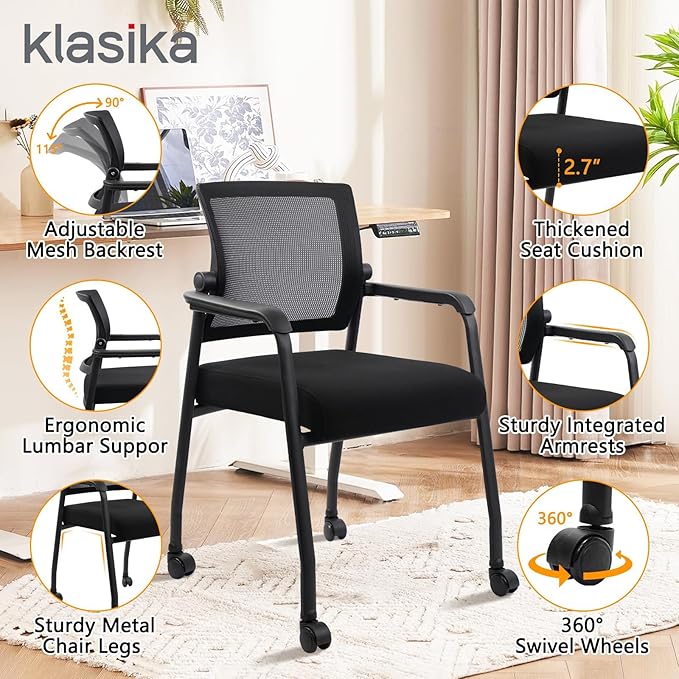 4PK Office Guest Chairs No Wheels | Ergonomic Lumbar Support and Thicked Seats Cushion, Desk Chair with Adjustable Mesh Back for Waiting Room School Church Reception，Black
