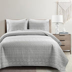 Lush Decor Hygge Geo Pattern Striped 3 Piece Quilt Bedding Set, King, Light Gray