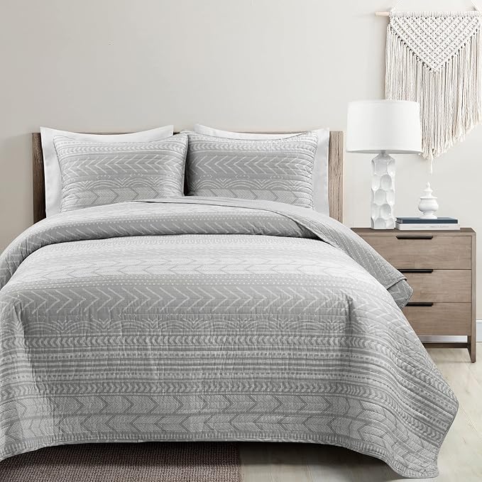 Lush Decor Hygge Geo Pattern Striped 3 Piece Quilt Bedding Set, King, Light Gray