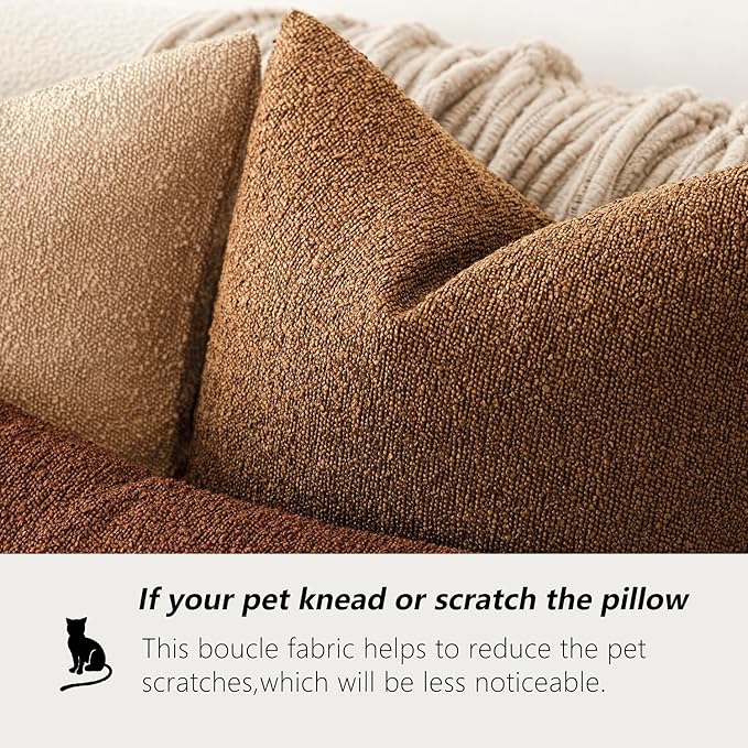Foindtower Set of 2, Decorative Textured Boucle Throw Pillow Covers Accent Solid Pillow Cases Neutral Soft Cozy Couch Cushion Case for Chair Sofa Bedroom Living Room Home Decor 24x24 Inch Hazel Brown