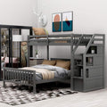 Twin Over Full Wood Loft Bed with Staircase,High Guardrails and Ladder-Handrails,Ladder W/ 3 Storage Grids,Bedroom Furniture for Children,Teens,Adults,Gray