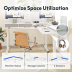 FLEXISPOT 63" L Shaped Standing Desk with Shelf Electric Corner Table, Drawers, Adjustable Computer Workstation for Home, Office,USB Charging Port, 63x55in, White Top + White Frame