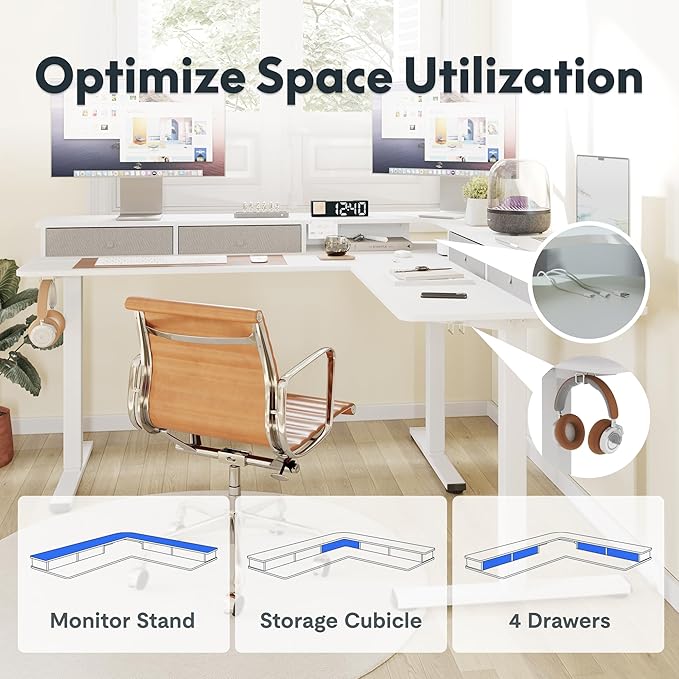 FLEXISPOT 63" L Shaped Standing Desk with Shelf Electric Corner Table, Drawers, Adjustable Computer Workstation for Home, Office,USB Charging Port, 63x55in, White Top + White Frame