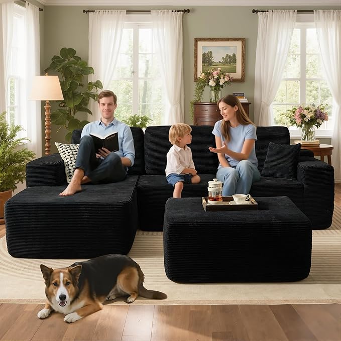 106" Cloud Sectional Couch with L-Shape Chaise & Ottoman, No Assembly Modular Sofa, Deep Seat Corduroy Boneless Couched for Living Room (Black Stripe Corduroy, Left Facing Chaise with Ottoman)