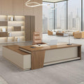 Modern L Shape Executive Desk with Drawers and Lockable Storage Cabinet, Large Executive Office Desk with Cable Management (Champagne Wood Grain+Beige/Right,79" L*63" W*30" H)
