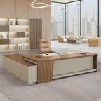 Modern L Shape Executive Desk with Drawers and Lockable Storage Cabinet, Large Executive Office Desk with Cable Management (Champagne Wood Grain+Beige/Right,79" L*63" W*30" H)
