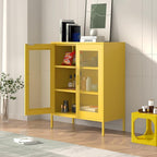 Yellow Metal Storage Cabinet with Mesh Doors, Office Metal Locker Cabinet, Metal Display Cabinet with 2 Adjustable Shelves for Home, Office, Kitchen