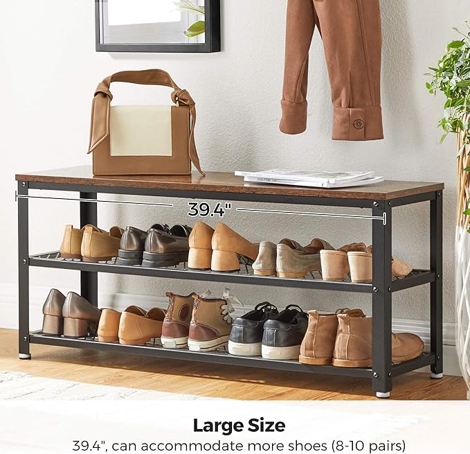 VASAGLE 3-Tier Shoe Rack, Shelf Storage Bench with Metal Mesh Shelves and Seat, Free Standing Shoe Organizer for Entryway, 11.8 x 39.4 x 17.7 Inches, Rustic Brown and Black ULBS078B01