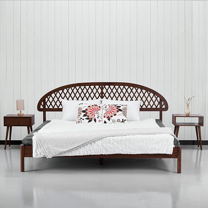 NTC Gem Wooden Bed Frame with Headboard, Crafted from Walnut, Rubber Wood with Silent Slats and Wood Central Supports, 1000 Lb Capacity, Effortless Assembly, King - Dark Walnut
