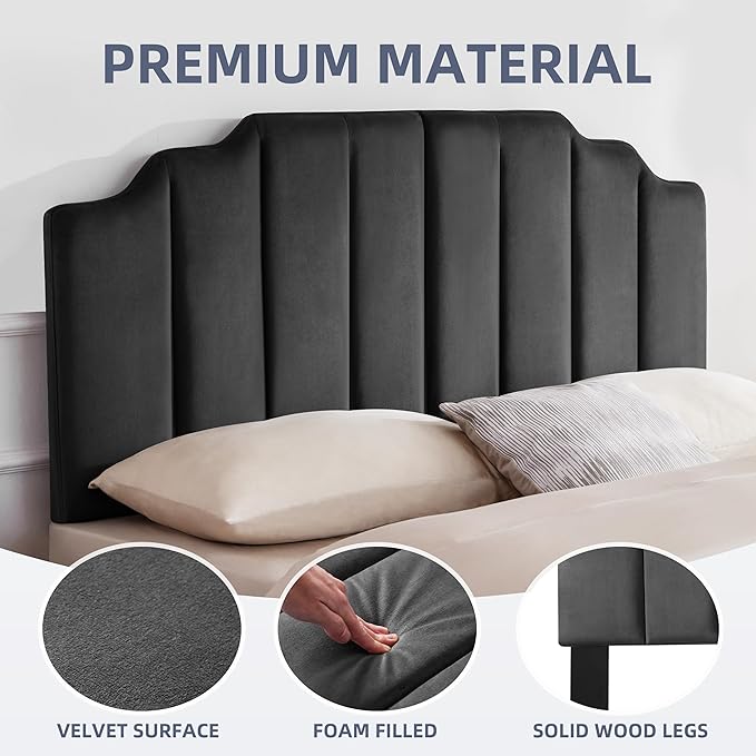 King Upholstered Headboard, Velvet Head Board, Tufted King Headboard only, Elegantly Curved Headboards only, Modern Vertical Channel Design Bed Head Board, Dark Gray