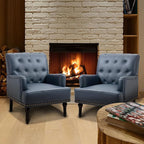 MOJAY Faux Leather Accent Chair Set of 2, Mid-Century Modern Living Room Chair Lounge Study Sofa Chair with Sturdy Wood Legs, Club Chair Armchair for Bedroom Home Study Reception (DarkBlue)