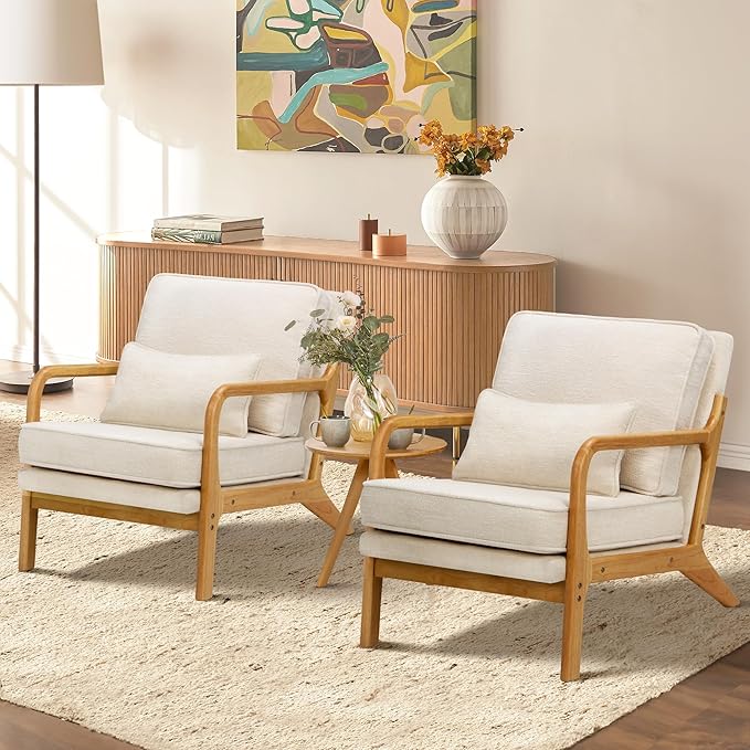 Modern Accent Chair with Lumbar Pillow, Relaxing Mid Century Chair Armchair with Solid Wood Frame & Soft Cushion, Reading Leisure Armchair for Living Room, Beige