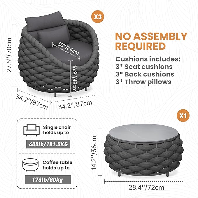 Balcony Furniture Set for Apartments: 4 Pieces Aluminum Woven Rope Patio Conversation Set - Modern Cushioned Lounge Chair Set - Assembled Porch Armchair for 400lbs Garden Lanai Hotel, Dark Grey