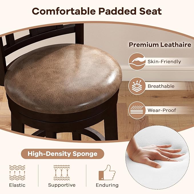 COSTWAY Set of 2 Bar Stools, 30” Swivel Bar Chairs with Footrest, Rubber Wood Frame & Lattice Backrest, Leathaire Bar Height Stools for Kitchen Island (2, 30”)