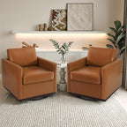 Pia Ricco Single Swivel Barrel Chair, Modern Accent Armchair in Easy-Clean PU Leather, Mid-Century Style for Living Room or Home Office, Brown