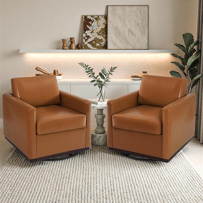 Pia Ricco Single Swivel Barrel Chair, Modern Accent Armchair in Easy-Clean PU Leather, Mid-Century Style for Living Room or Home Office, Brown