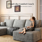 107.5" Compressed Boneless Couch with Ottoman, 2 Seater Large U Shaped Sectional Couches for Living Room, Grey Corduroy Cloud Modular Sectional Sofa, Memory Foam, No Assembly，Light Facing Chaise