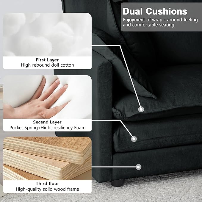 Modular Sectional Sofa, 111.5 Inch U-Shaped Cloud Sofa with Deep Seat Chenille Sofa with Cushions, Three-Self Sectional Sofa for Living Room Apartment,Black