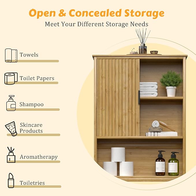 Over The Toilet Storage Cabinet with Fluted Doors, Bathroom Over Toilet Rack with Adjustable Shelf Bamboo FreeStanding Space-Saving Storage Organizer, Natural