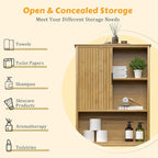 Over The Toilet Storage Cabinet with Fluted Doors, Bathroom Over Toilet Rack with Adjustable Shelf Bamboo FreeStanding Space-Saving Storage Organizer, Natural