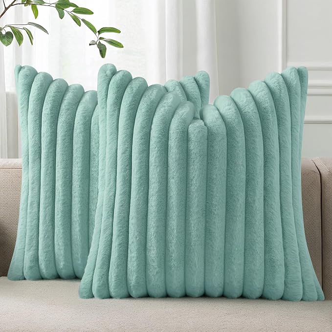 Pallene Faux Fur Plush Throw Pillow Covers 22x22 Set of 2, Luxury Soft Fluffy Striped Decorative Pillow Covers for Sofa, Couch, Living Room, Aqua
