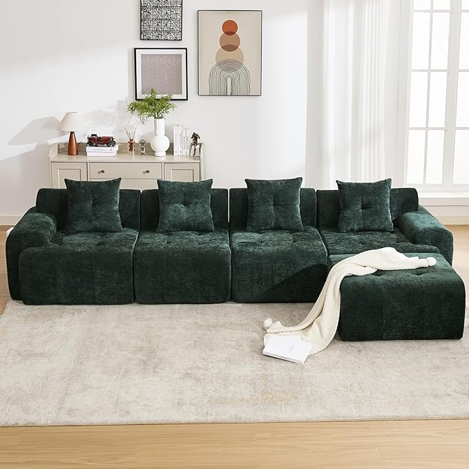 129.23”Modular Sectional Couch for Living Room, Modren L-Shape Cloud Sectional 4-Seater Sofa with Movable Ottoman, Woven Texture Upholstery Boneless Couch, No Assembly, Green