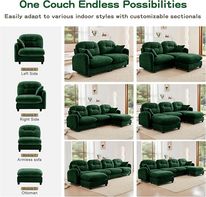 74" Loveseat U Shaped Couch with 2 Ottoman, Comfy Chenille Fabric Cloud Sectional Couch, Modern Upholstered Deep Seat Sofas with Armrest Pillow, Cloud Sofa for Small Spaces Apartment, Green