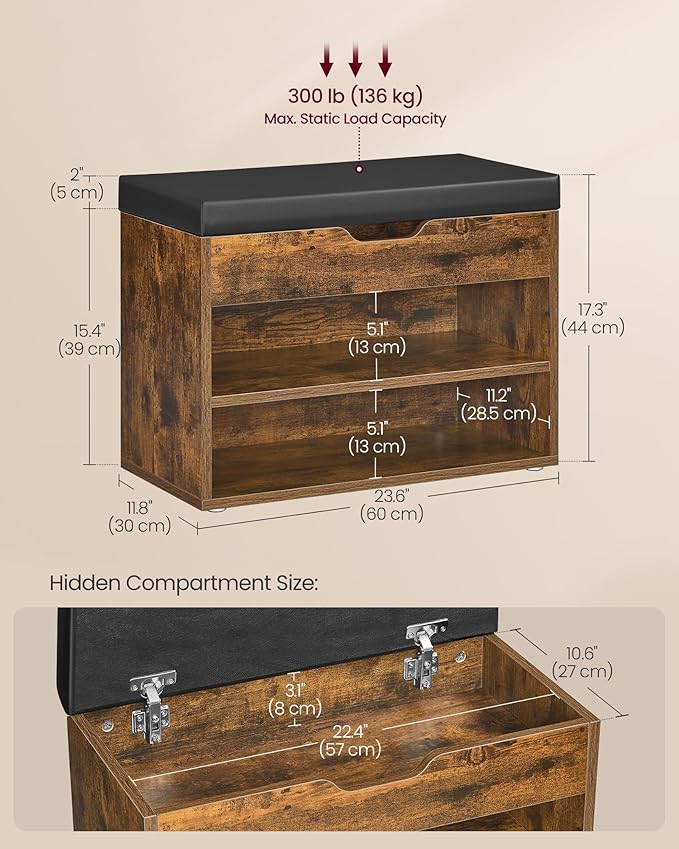 VASAGLE Shoe Bench with Cushion, Storage Bench with Padded Seat, Entryway Bench with 3 Storage Compartments, 11.8 x 23.6 x 17.3 Inches, for Bedroom, Living Room, Rustic Brown ULHS020K03