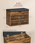 VASAGLE Shoe Bench with Cushion, Storage Bench with Padded Seat, Entryway Bench with 3 Storage Compartments, 11.8 x 23.6 x 17.3 Inches, for Bedroom, Living Room, Rustic Brown ULHS020K03