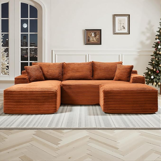 108" Cloud Sectional Couch,Modern Modular Sectional Sofa with Deep Seat,Corduroy Boneless Couches with L-Shape Chaise for Living Room,No Assembly Required (Orange, Left Facing Chaise + Ottoman)