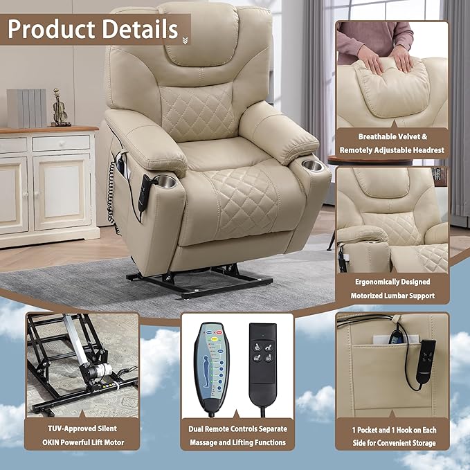 Power Lift Recliner for Seniors: 9988 High Density Foam Lift Chair with Heat and Massage, Reclining to 180, 2 Cup Holders, 2 Remote Controls, Dual OKIN Motors - Breathable Leather Beige