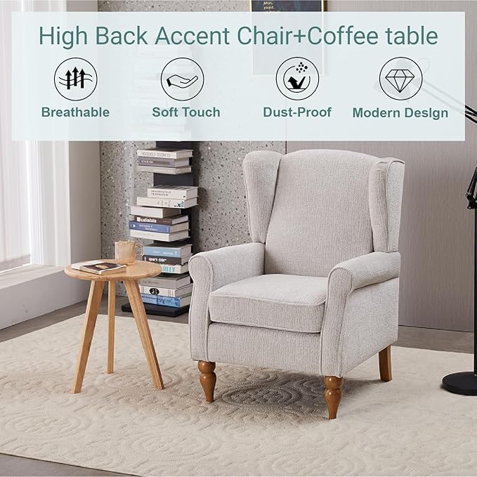 ZMAD Accent Chair, Upholstered High Back Floral Armchair Wood Legs, Comfy Wingback Reading Single Sofa Chair,Plus a Solid Wood Coffee Table for Small Spaces, Living Room, Bedroom (Beige)