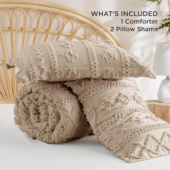 Bedsure Tufted Boho Comforter Set King Size - Khaki Boho Bed Set, GentleSoft™ 3 Pieces Farmhouse Shabby Chic Embroidery Bedding, Gifts for Woman, Soft Jacquard King Comforter for All Seasons