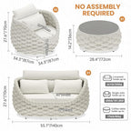 Metal Backyard Furniture Set: Aluminum Assembled Front Porch 4 Pieces Outdoor Set - Woven Rope Patio Conversation Set Modern - Cushioned Deck Couch Set Garden Sunroom Pool Hotel Resort, Beige
