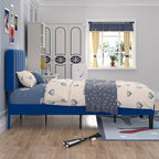 VECELO Twin Size Bed Frame with Upholstered Headboard, Velvet Platform Bedframe Mattress Foundation, Strong Wood Slat Support, No Box Spring Needed,Blue