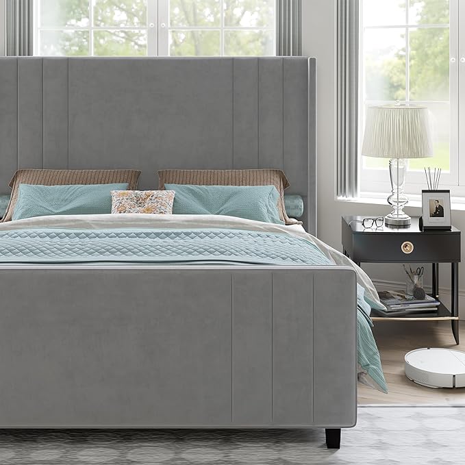 AMERLIFE King Size Bed Frame, Velvet Upholstered Platform Bed with Vertical Channel Tufted Headboard & Footboard/Wingback, Mattress Foundation with Wood Slats, No Box Spring Needed, Light Grey