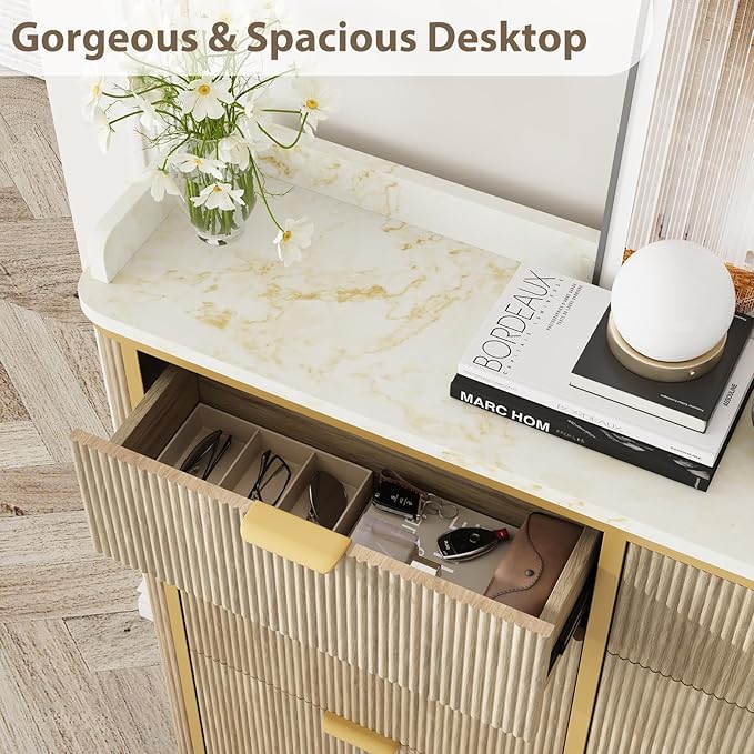 Fluted Shoe Storage Cabinet with 4 Flip Drawers & 2 Drawers, Freestanding Hidden Shoe Organizer with Adjustable Shelves, Wood Narrow Shoe Rack Cabinet for Entryway, Foyer, Hallway, Natural Oak