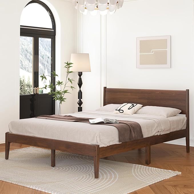 Queen Size Bed Frame with Farmhouse Headboard, Malaysian Oak Queen Bed Frame No Box Spring Needed, Platform Bedframe with 12 Slats Support, Easy Assembly, Antique Espresso