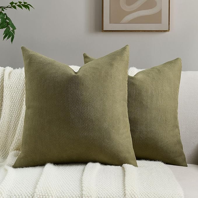 FUTEI Olive Green Chenille Throw Pillow Covers 26x26 Inch Set of 2,Soft Wide Chevron Textured Euro Pillow Shams,Farmhouse Home Decor for Couch Bed Living Room