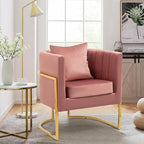 Velvet Modern Accent Chairs Set of 2, Upholstered Barrel Armchair Mid Century with Pillow for Living Room, Comfy Single Vanity Chair with Metal Gold Legs for Bedroom, Pink