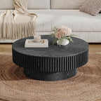 31.5'' Round Coffee Table for Living Room, Fluted Coffee Table with Hidden Storage, Solid Wood Veneered Circle Table, Modern Tea Table for Small Space Apartment (Black)