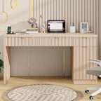 60" Executive Desk with Fluted Drawers, Wood Home Office Desk with Storage Cabinet, Charging Station, Fluted Computer Writing Desk for Study, Living Room, Natural Oak.