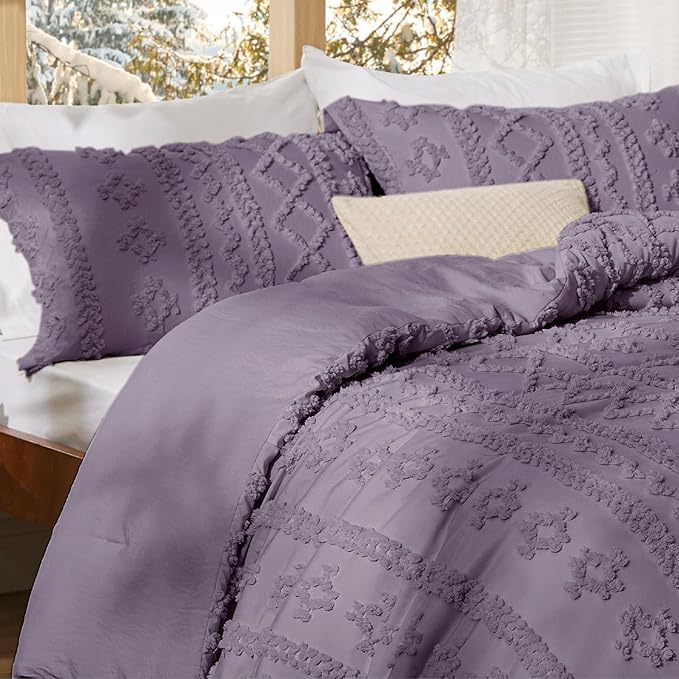 Bedsure Tufted Boho Comforter Set Twin Size - Grayish Purple Boho Bed Set, GentleSoft™ 2 Pieces Farmhouse Shabby Chic Embroidery Bedding, Gifts for Woman, Soft Jacquard Twin Comforter for All Seasons