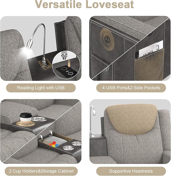 Loveseat Recliner Sofa, Manual Double Recliner with Storage Console, Cup Holder, USB Port & Reading Light, Grey Linen & PU Leather Manual Reclining Couch for Living Room, RV/Theater Seating